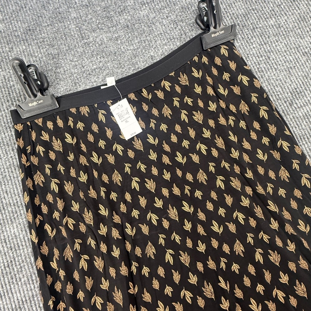 J. Jill Skirt Women XL Black NEW Gold Leaf Print A-Line Midi Elastic Waist